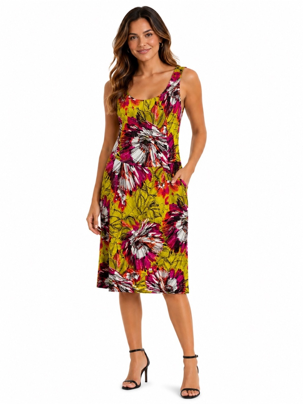 St. John Yellow Floral Sheath with Pink & White Accents